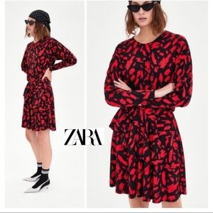 NEW Zara Tier Fit Flare Red Brush Stroke dress